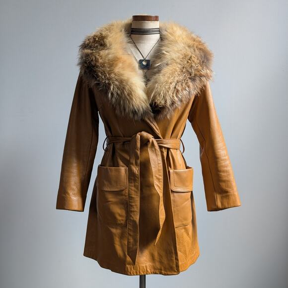 Vintage Mustard Leather Penny Lane Jacket Groovy Fur Trim 70s Trench Coat Medium - Picture 1 of 10